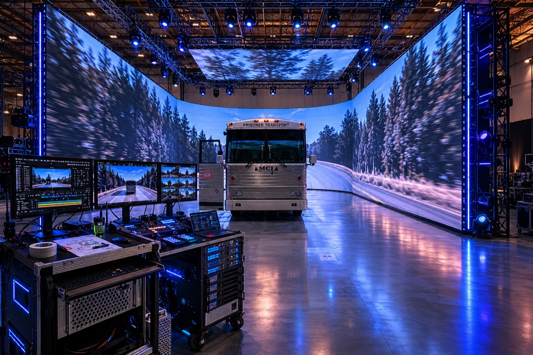 Large curved LED wall and LED volume stage with driving plates, media server playback, and production control monitors.